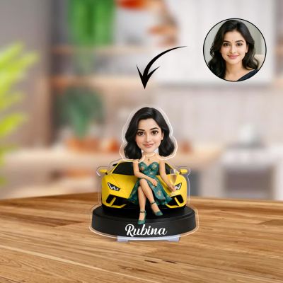 Personalized Yellow car leady Booblehead Caricature for Girls Battery Powered Moving Head Feature | Birthday Gift for Daughter, Sister, Mom & Lady Boss | Tabletop Decor